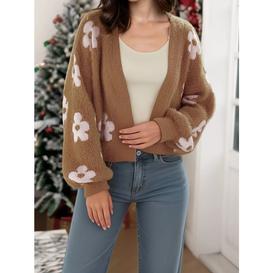 Floral Open Front Cardigan Beige / S Apparel and Accessories