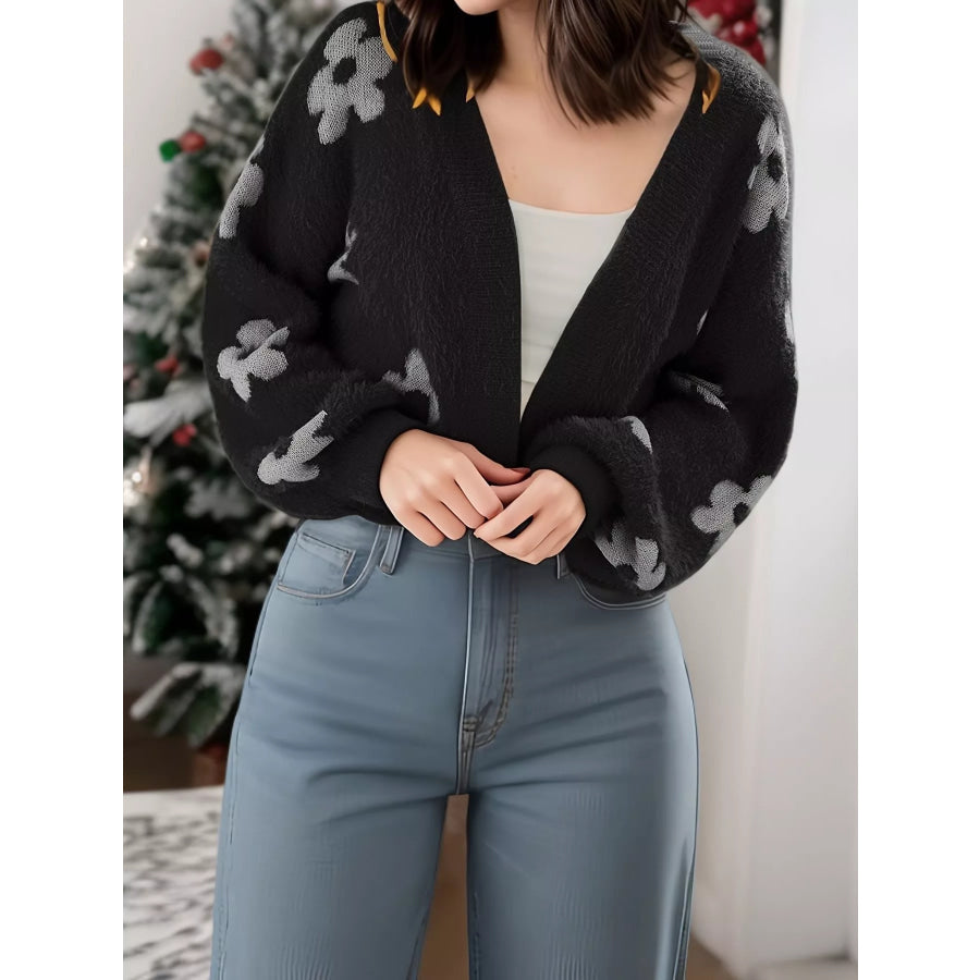 Floral Open Front Cardigan Black / S Apparel and Accessories