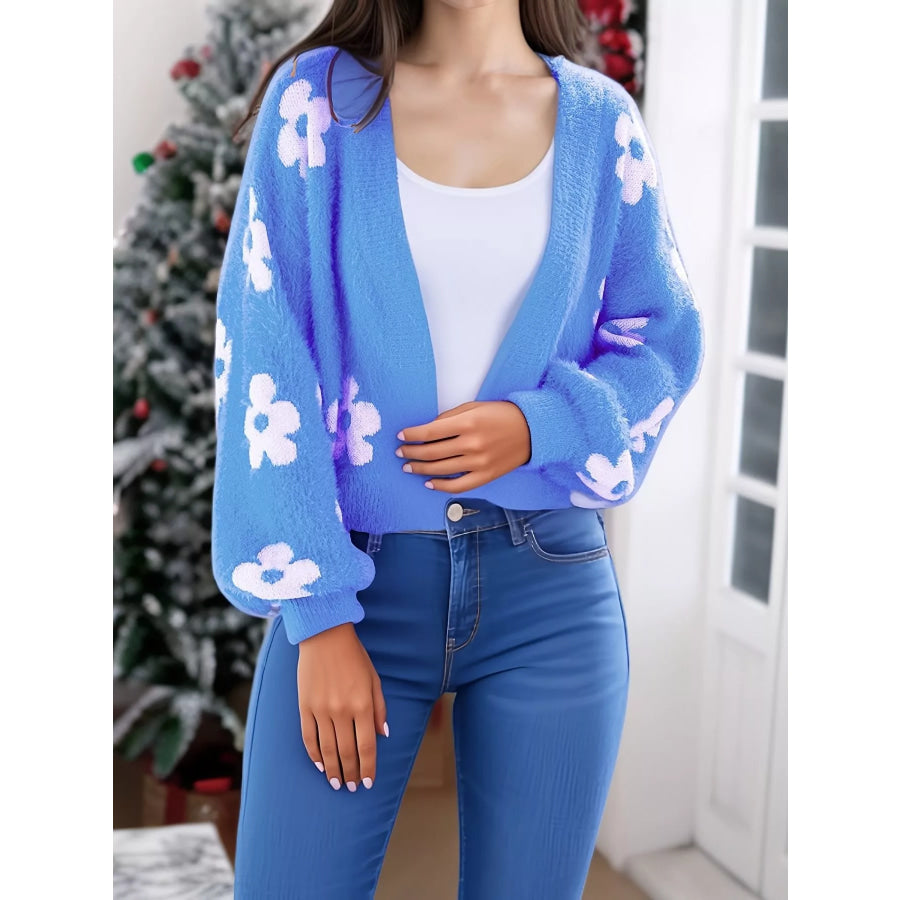 Floral Open Front Cardigan Blue / S Apparel and Accessories