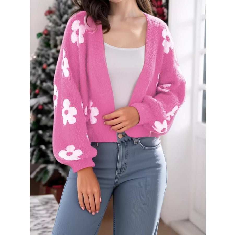 Floral Open Front Cardigan Fuchsia Pink / S Apparel and Accessories