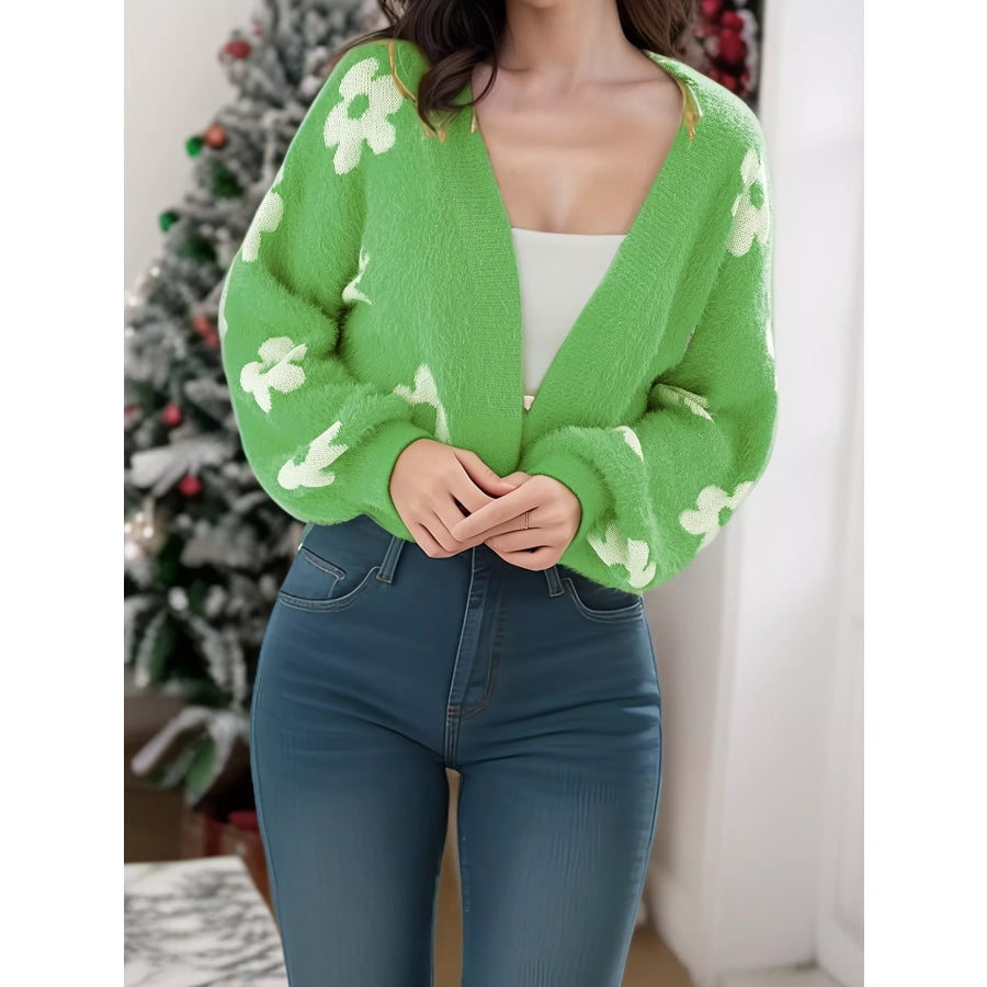 Floral Open Front Cardigan Green / S Apparel and Accessories