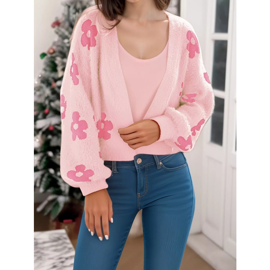 Floral Open Front Cardigan Pink / S Apparel and Accessories