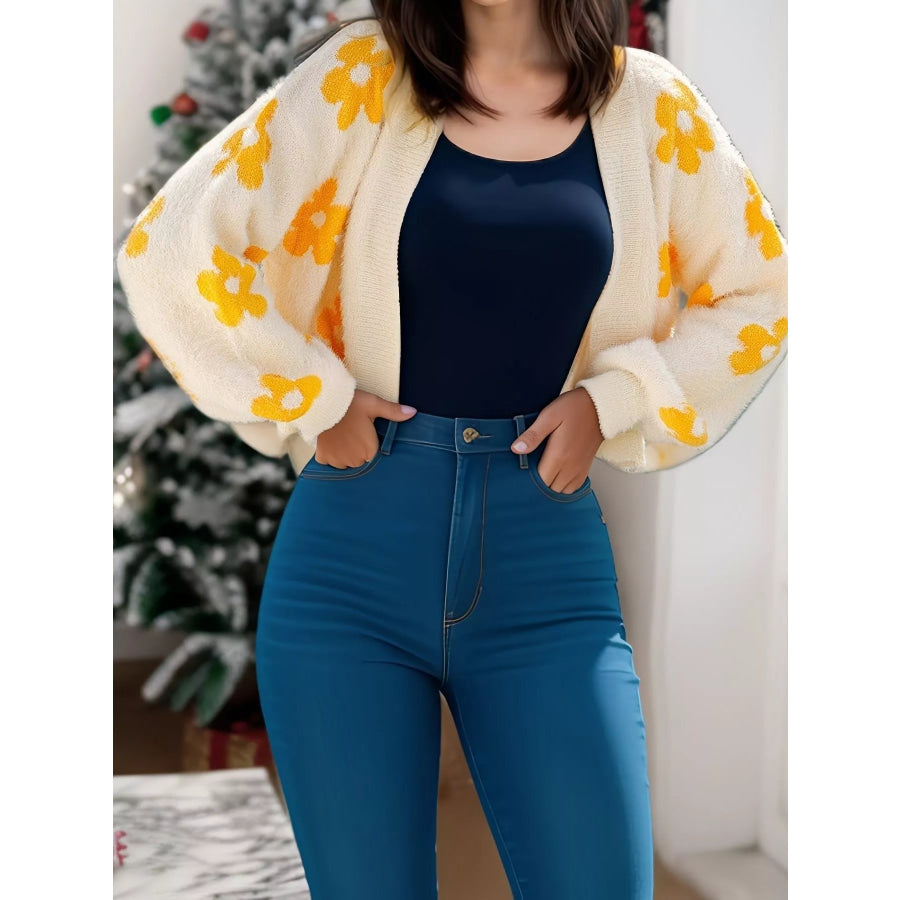 Floral Open Front Cardigan Tan / S Apparel and Accessories