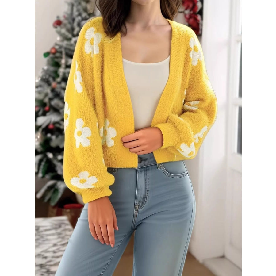 Floral Open Front Cardigan Yellow / S Apparel and Accessories
