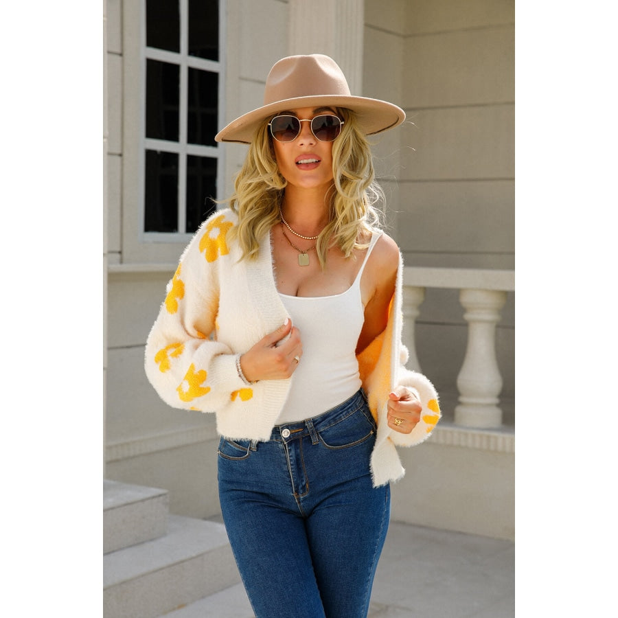 Floral Open Front Fuzzy Cardigan Cream / S