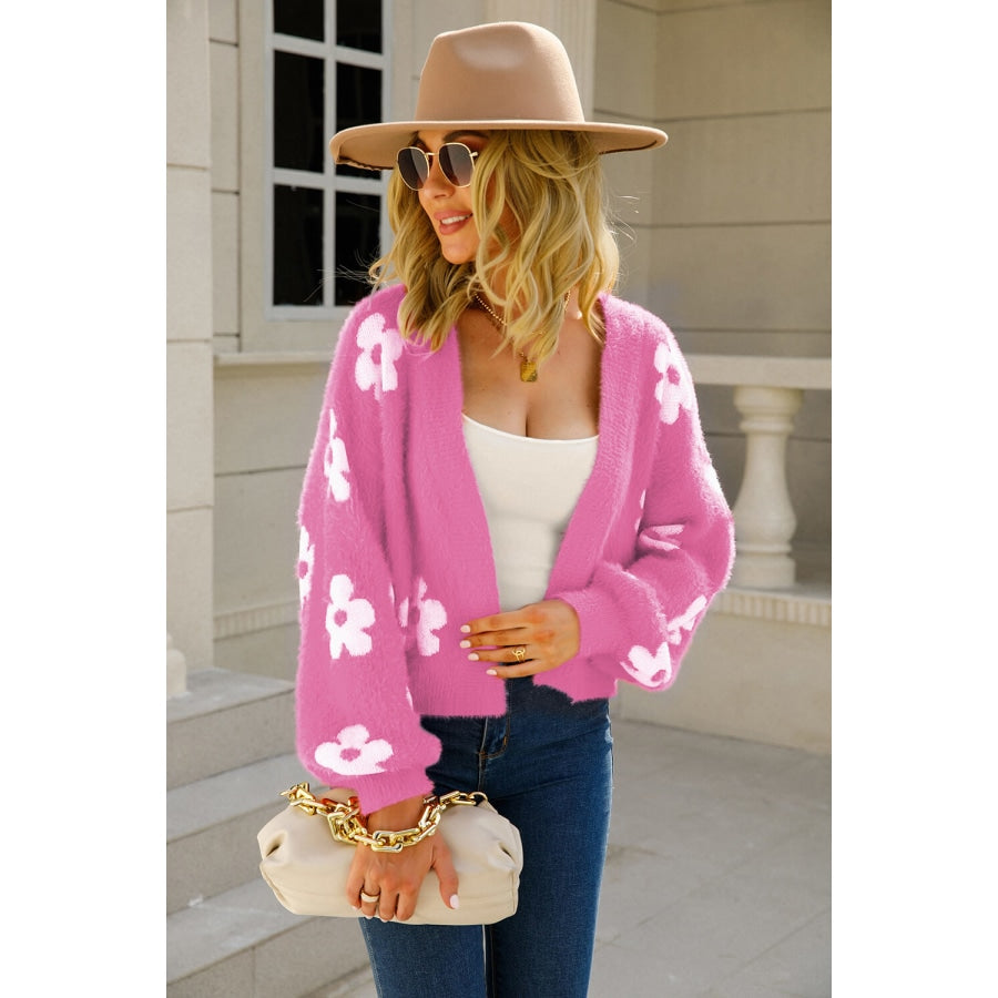 Floral Open Front Fuzzy Cardigan Fuchsia / S