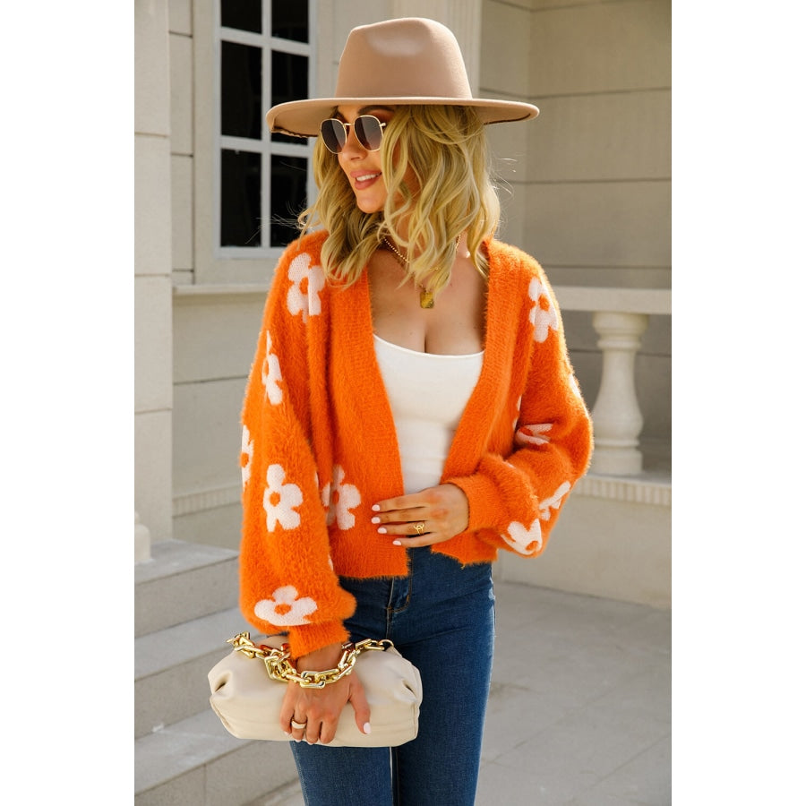 Floral Open Front Fuzzy Cardigan Orange / S