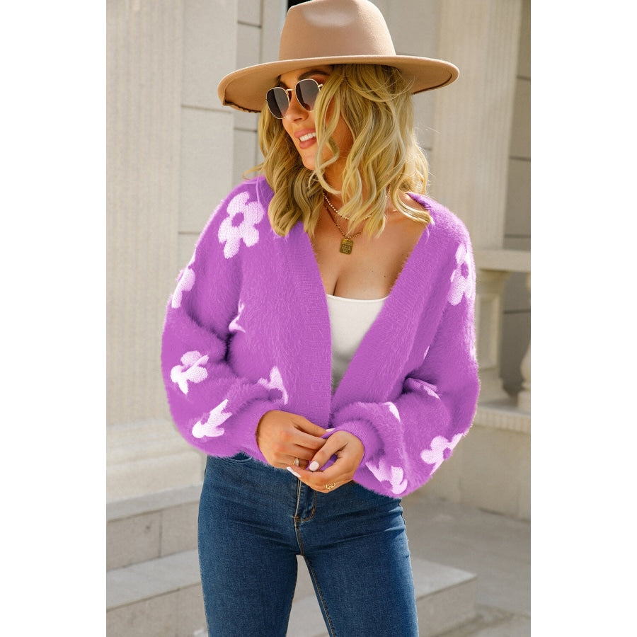 Floral Open Front Fuzzy Cardigan Purple / S