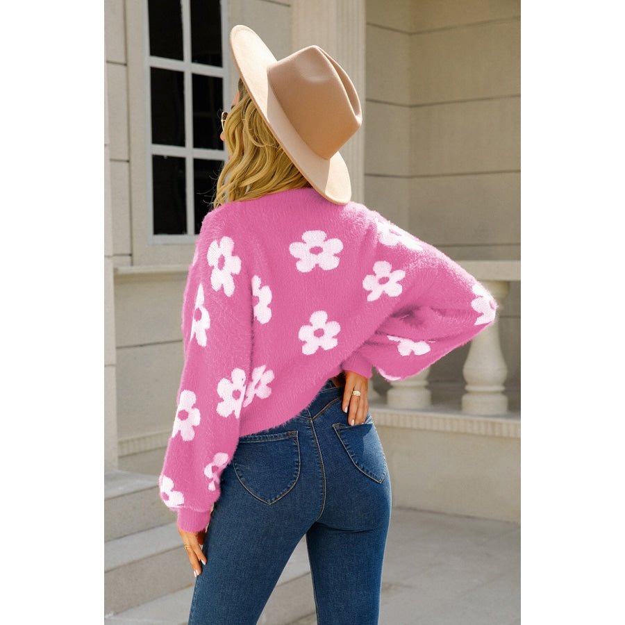 Floral Open Front Fuzzy Cardigan Fuchsia / S