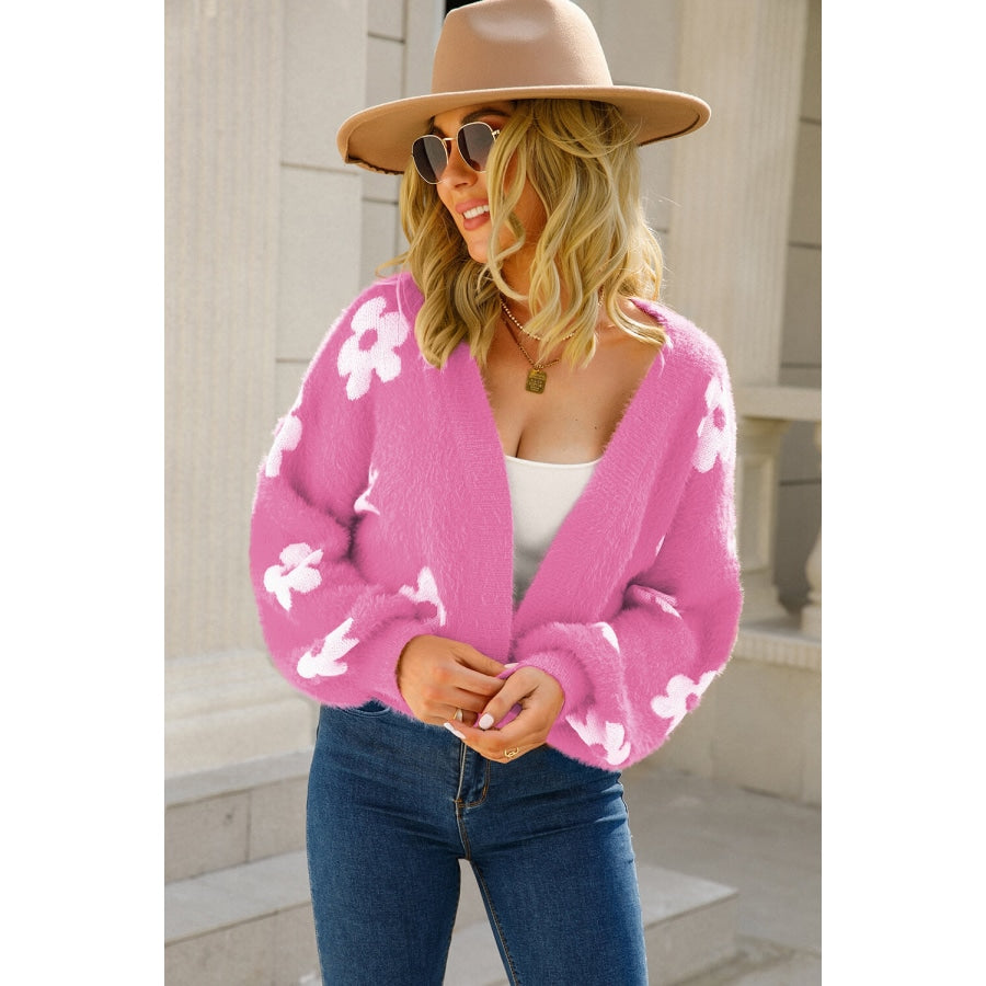 Floral Open Front Fuzzy Cardigan