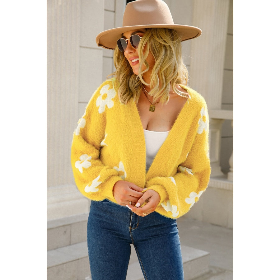 Floral Open Front Fuzzy Cardigan Yellow / S