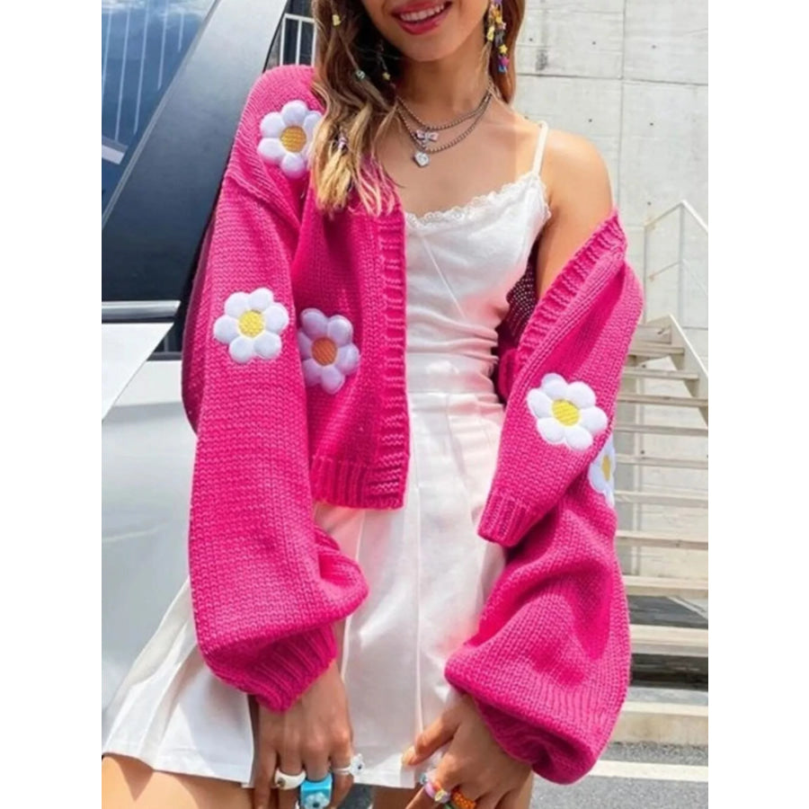 Floral Open Front Knit Cardigan Fuchsia Pink / S Apparel and Accessories