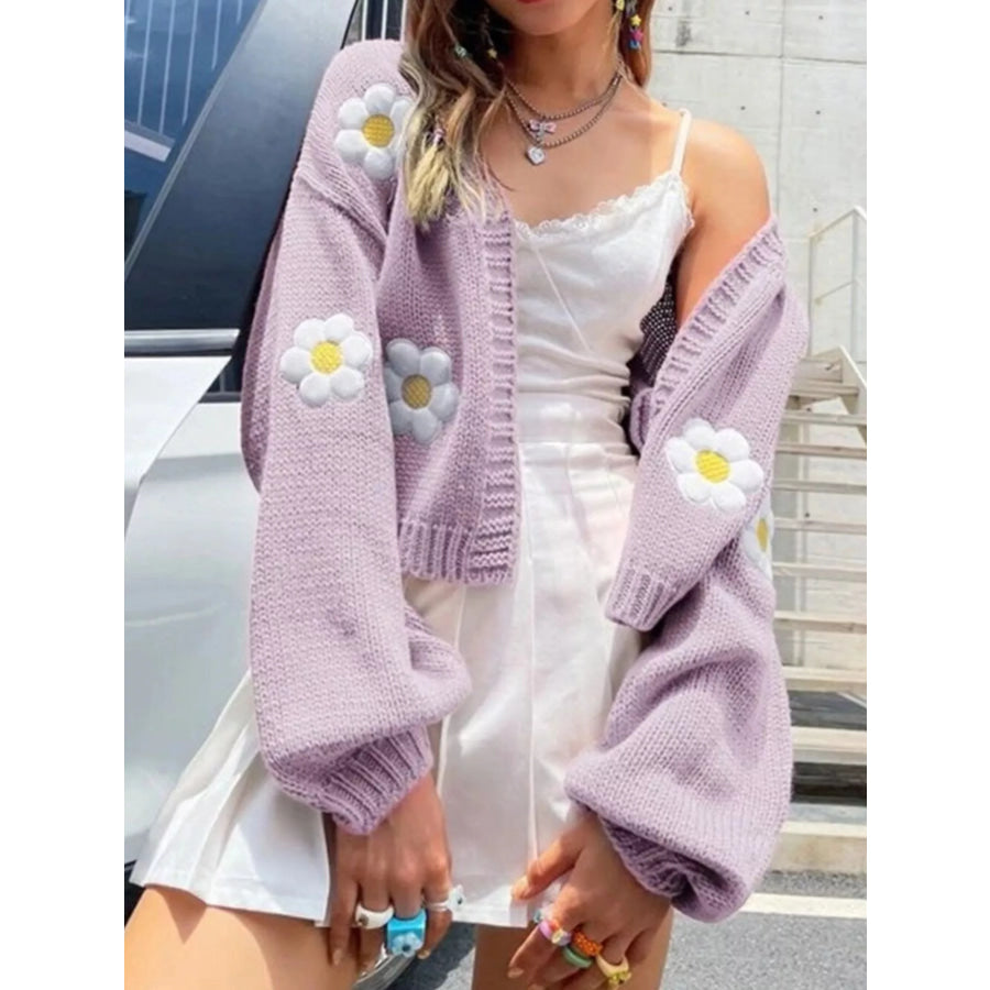 Floral Open Front Knit Cardigan Pink Purple / S Apparel and Accessories