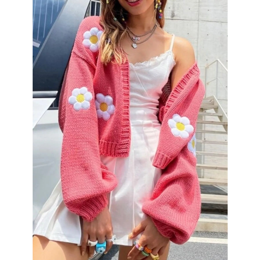 Floral Open Front Knit Cardigan Strawberry / S Apparel and Accessories