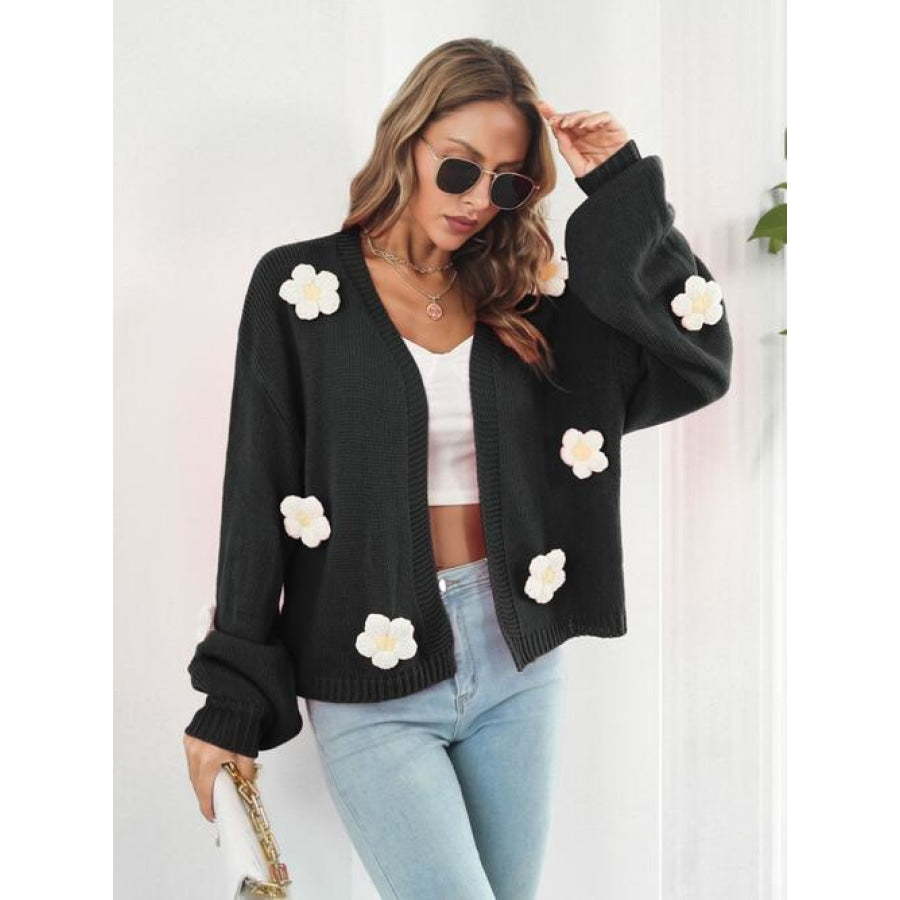 Floral Open Front Long Sleeve Cardigan Black / S