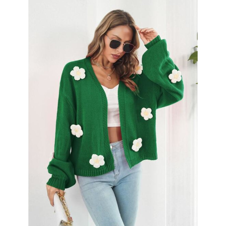 Floral Open Front Long Sleeve Cardigan Green / S