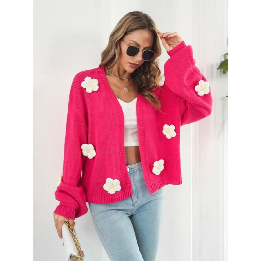 Floral Open Front Long Sleeve Cardigan Hot Pink / S