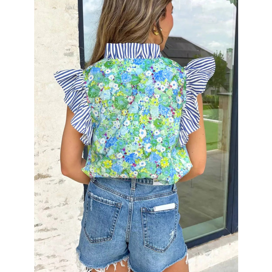 Floral Painting Print Striped Patchwork Flutter Sleeve V Neck Blouse Apparel and Accessories