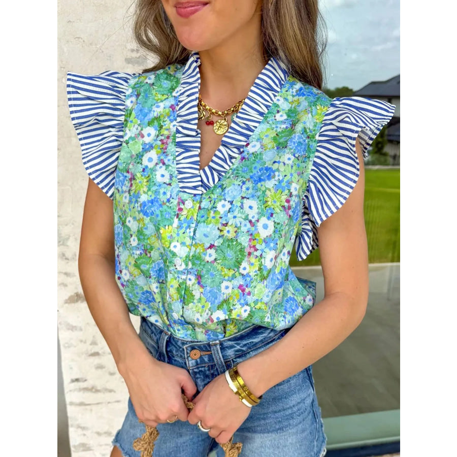 Floral Painting Print Striped Patchwork Flutter Sleeve V Neck Blouse Green / S Apparel and Accessories