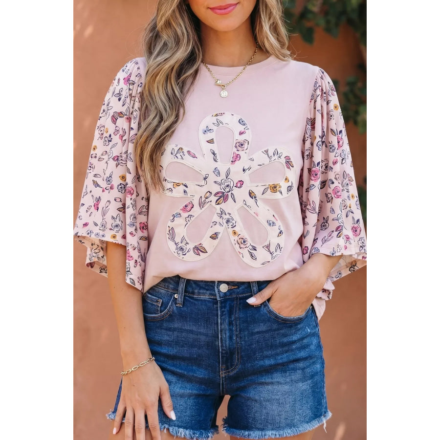 Floral Patchwork Bell Sleeve Blouse Apparel and Accessories