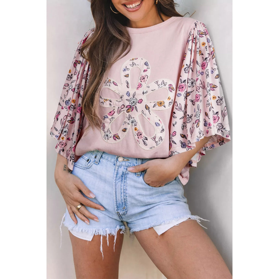 Floral Patchwork Bell Sleeve Blouse Dusty Pink / S Apparel and Accessories