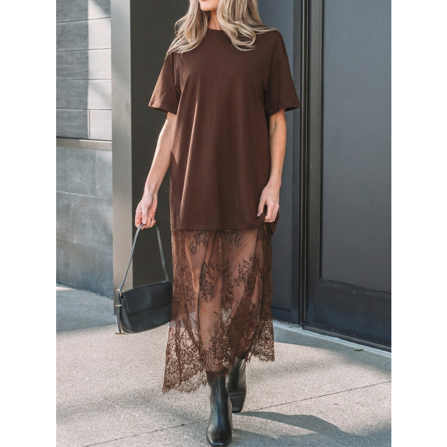 Floral Patchwork Short Sleeve T Shirt Loose Dress Dark Brown / S Apparel and Accessories