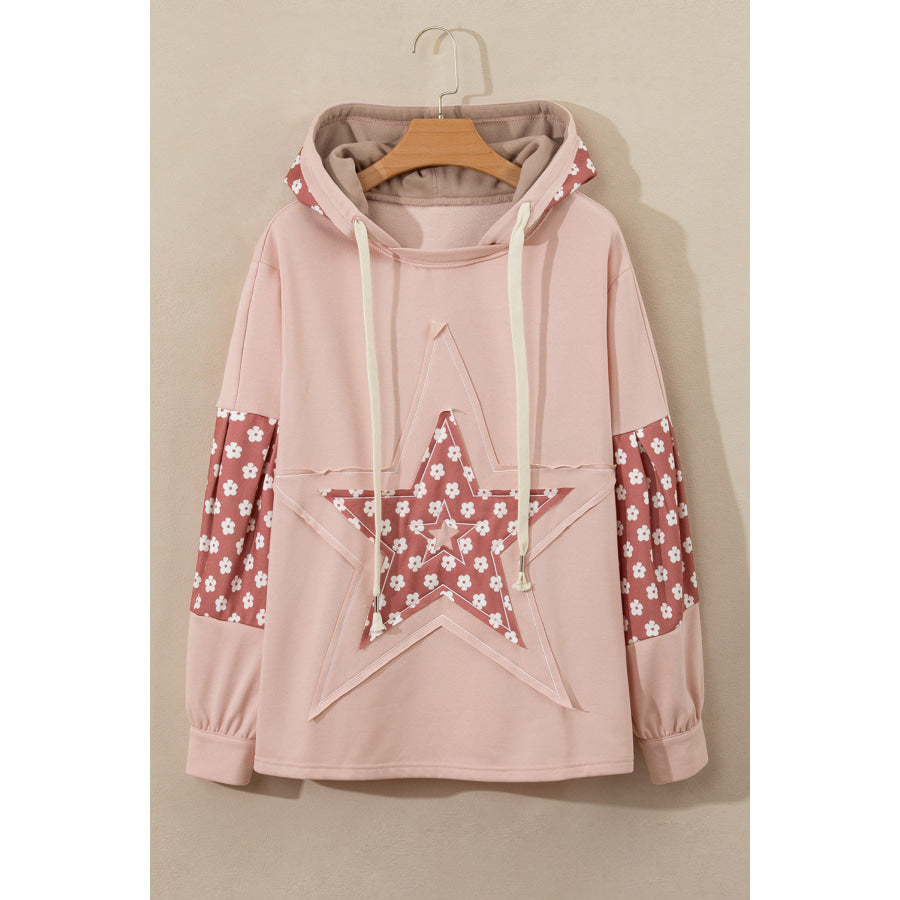 Floral Patchwork Star Pattern Drawstring Hoodie Apparel and Accessories