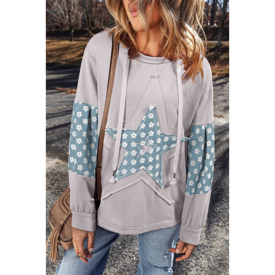 Floral Patchwork Star Pattern Drawstring Hoodie Apparel and Accessories