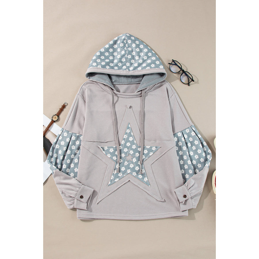 Floral Patchwork Star Pattern Drawstring Hoodie Apparel and Accessories