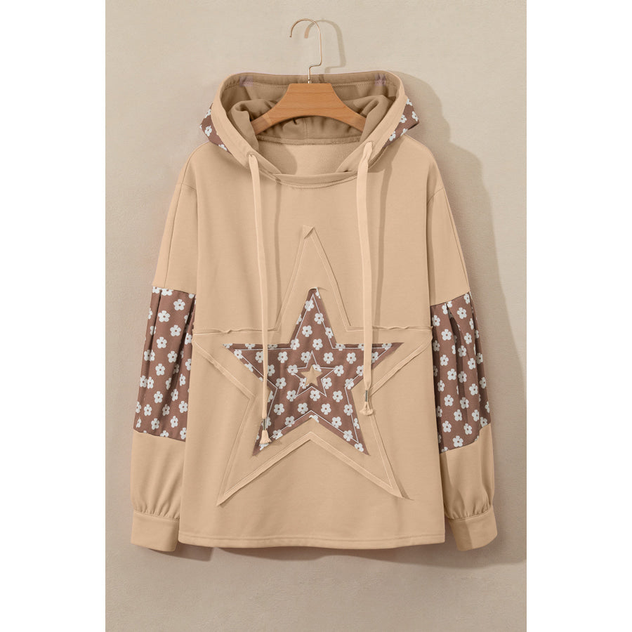 Floral Patchwork Star Pattern Drawstring Hoodie Apparel and Accessories