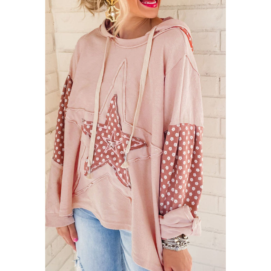 Floral Patchwork Star Pattern Drawstring Hoodie Watermelon pink / S Apparel and Accessories