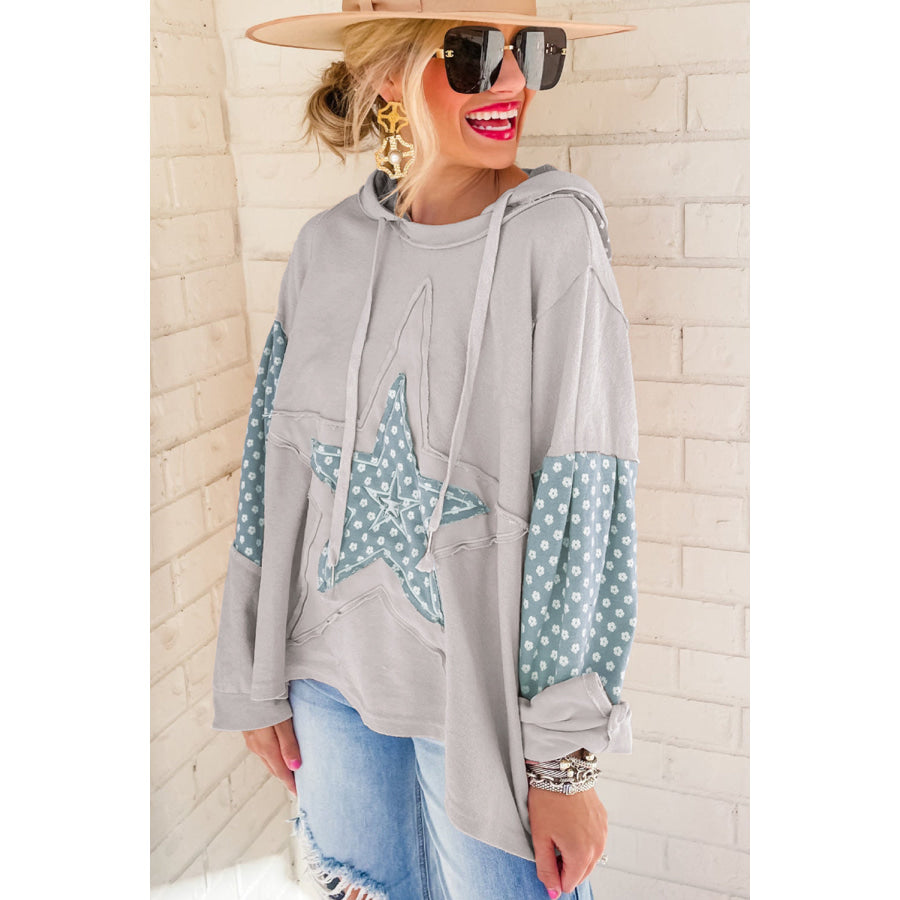 Floral Patchwork Star Pattern Drawstring Hoodie Apparel and Accessories