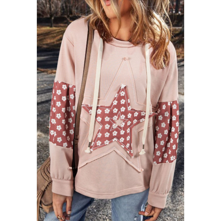 Floral Patchwork Star Pattern Drawstring Hoodie Apparel and Accessories