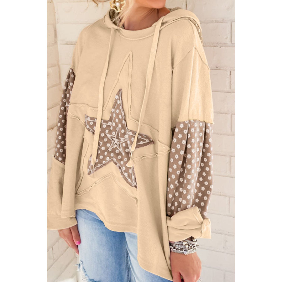 Floral Patchwork Star Pattern Drawstring Hoodie Beige / S Apparel and Accessories