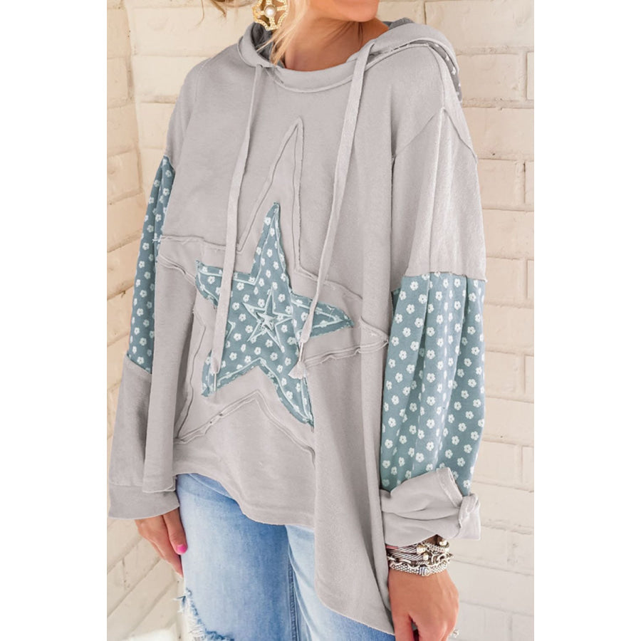 Floral Patchwork Star Pattern Drawstring Hoodie Light Gray / S Apparel and Accessories