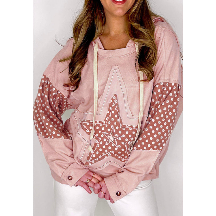 Floral Patchwork Star Pattern Drawstring Hoodie Watermelon pink / S Apparel and Accessories