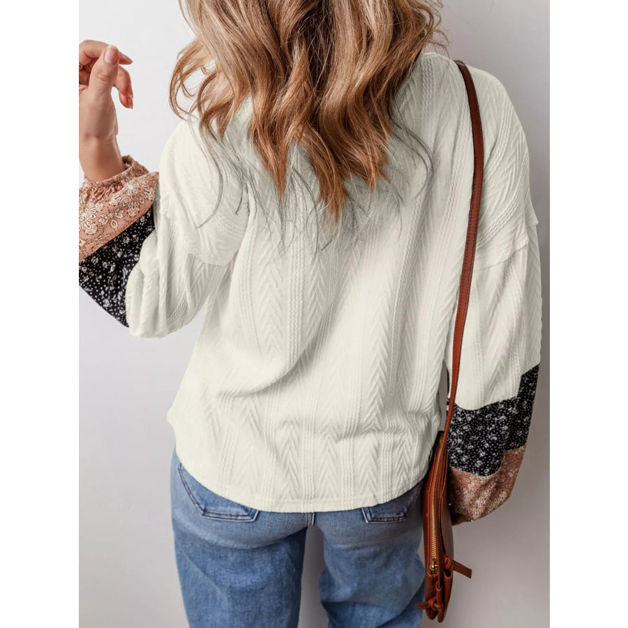 Floral Patchwork Textured Knit Drawstring V Neck Blouse Apparel and Accessories