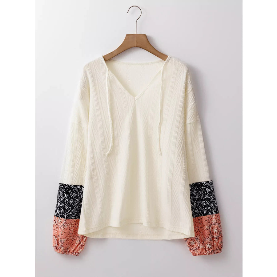Floral Patchwork Textured Knit Drawstring V Neck Blouse Apparel and Accessories