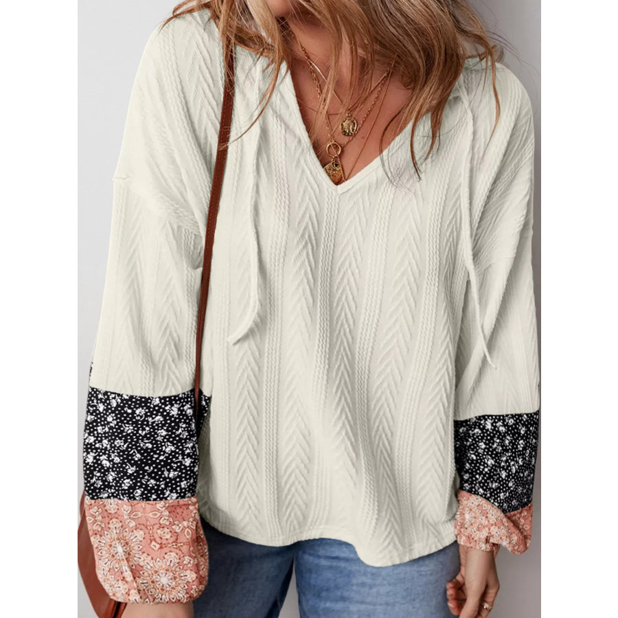 Floral Patchwork Textured Knit Drawstring V Neck Blouse Ivory / S Apparel and Accessories