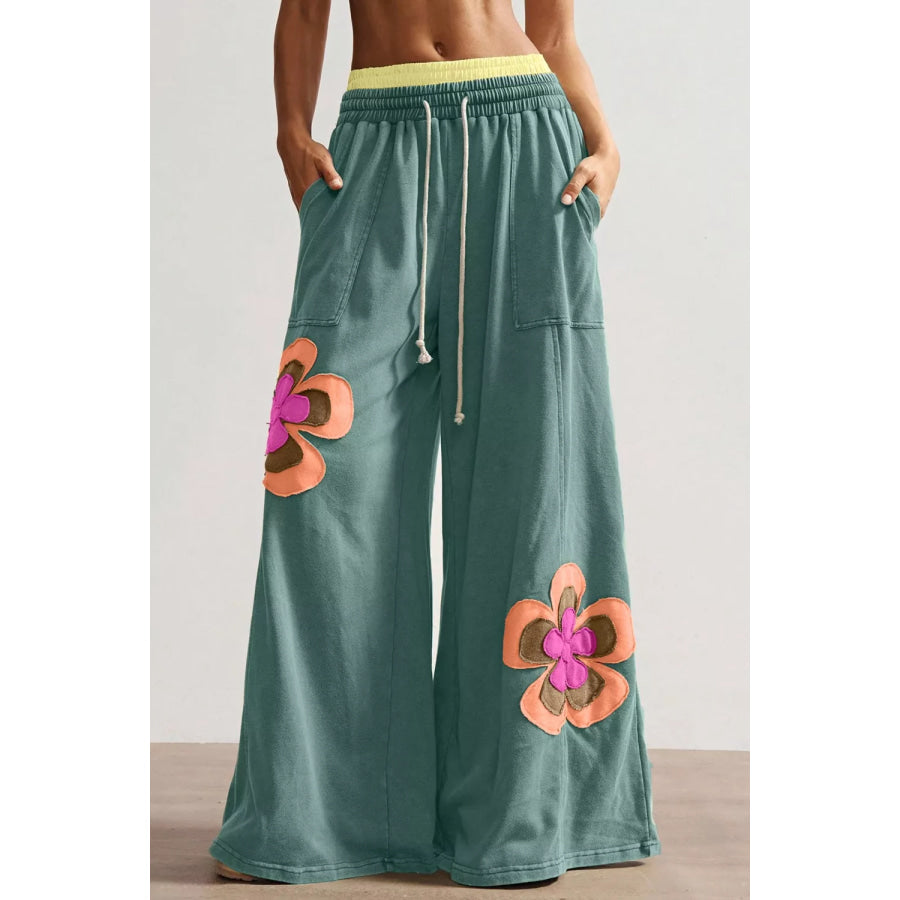 Floral Patchwork Wide Leg Pants Turquoise / S Apparel and Accessories