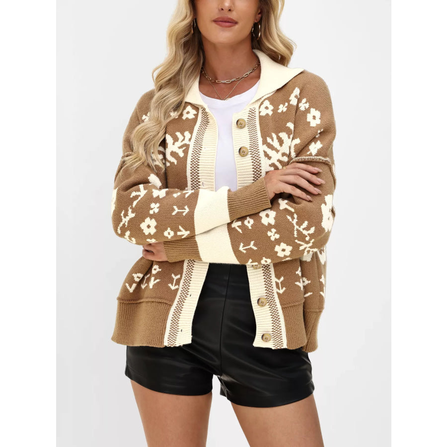 Floral Pattern Button-Down Cardigan Khaki / S Apparel and Accessories