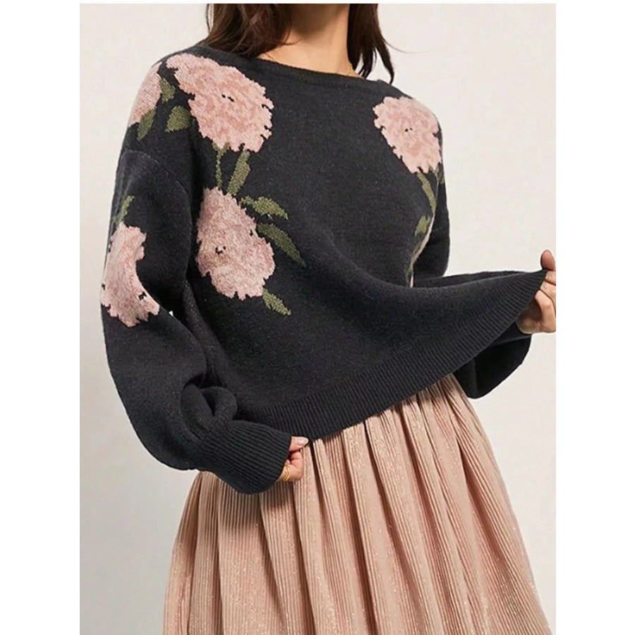 Floral Pattern Dropped Shoulder Sweater Apparel and Accessories