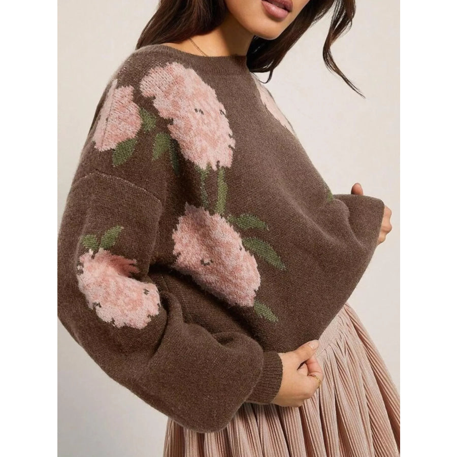 Floral Pattern Dropped Shoulder Sweater Apparel and Accessories