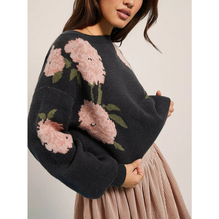 Floral Pattern Dropped Shoulder Sweater Apparel and Accessories