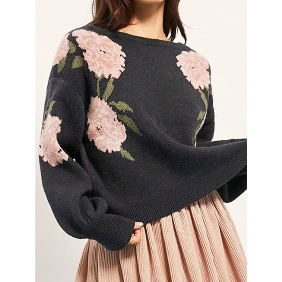 Floral Pattern Dropped Shoulder Sweater Apparel and Accessories