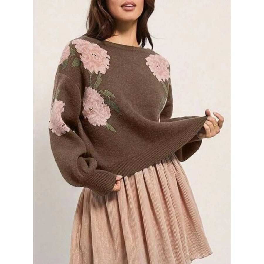 Floral Pattern Dropped Shoulder Sweater Apparel and Accessories