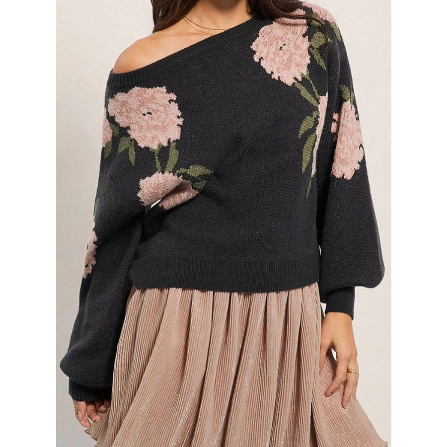 Floral Pattern Dropped Shoulder Sweater Black / S Apparel and Accessories