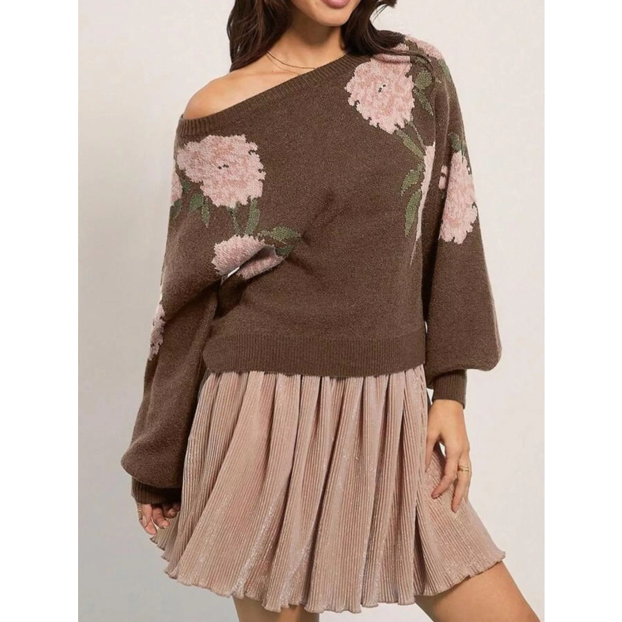 Floral Pattern Dropped Shoulder Sweater Coffee Brown / S Apparel and Accessories