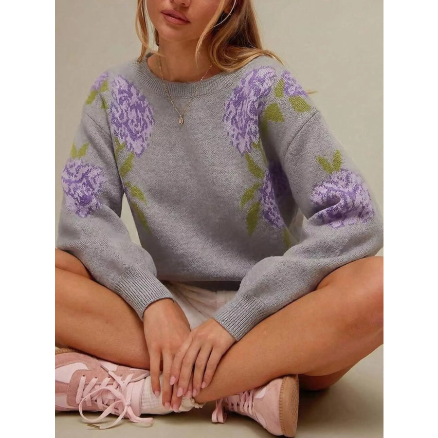 Floral Pattern Dropped Shoulder Sweater Gray / S Apparel and Accessories