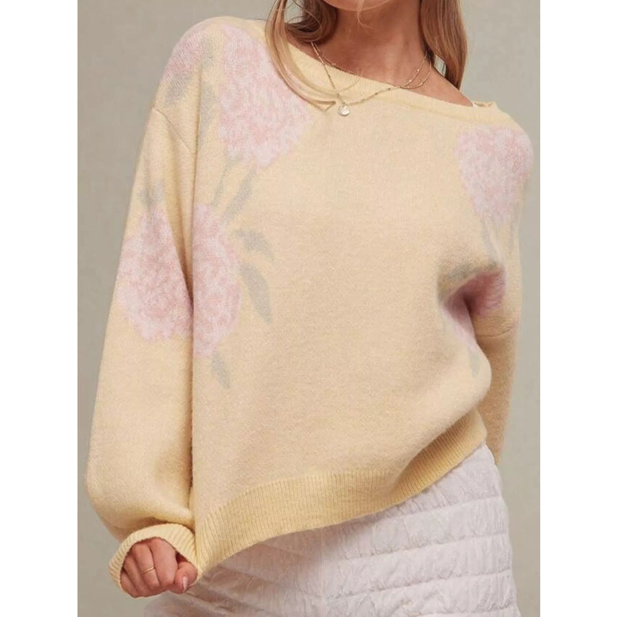 Floral Pattern Dropped Shoulder Sweater Yellow / S Apparel and Accessories